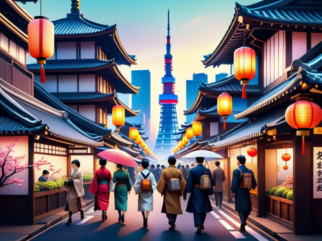 Pintura acuarela de Tokio: fusión de lo tradicional y lo cyberpunk Una pintura acuarela detallada de una bulliciosa escena de calle en Tokio, donde la arquitectura japonesa tradicional se fusiona con rascacielos neón
