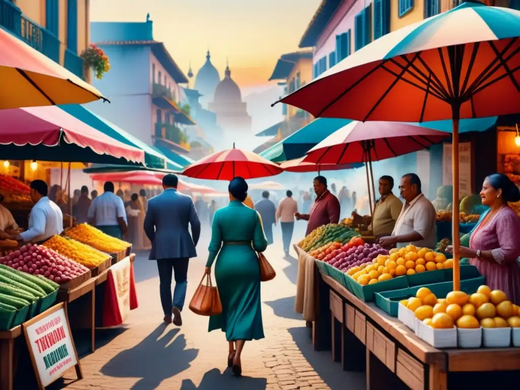 Pintura detallada de un bullicioso mercado latinoamericano, con colores vibrantes y artesanías tradicionales