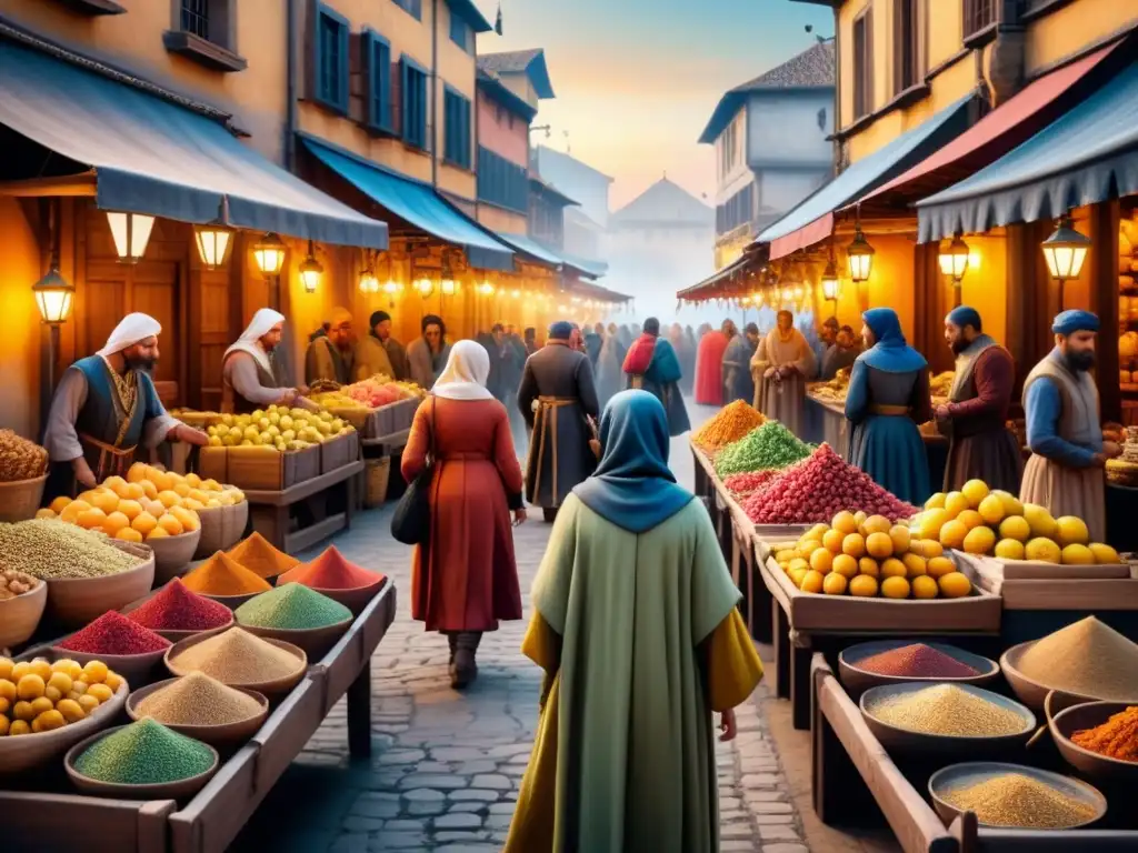 Pintura detallada de un bullicioso mercado medieval en una ciudad portuaria, influencia rutas comerciales arte visual