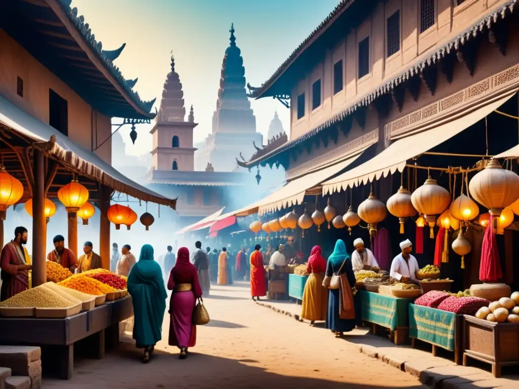 Pintura acuarela de mercado antiguo: colores vibrantes y cultura histórica Pintura acuarela detallada de bullicioso mercado antiguo, con vendedores y clientes regateando