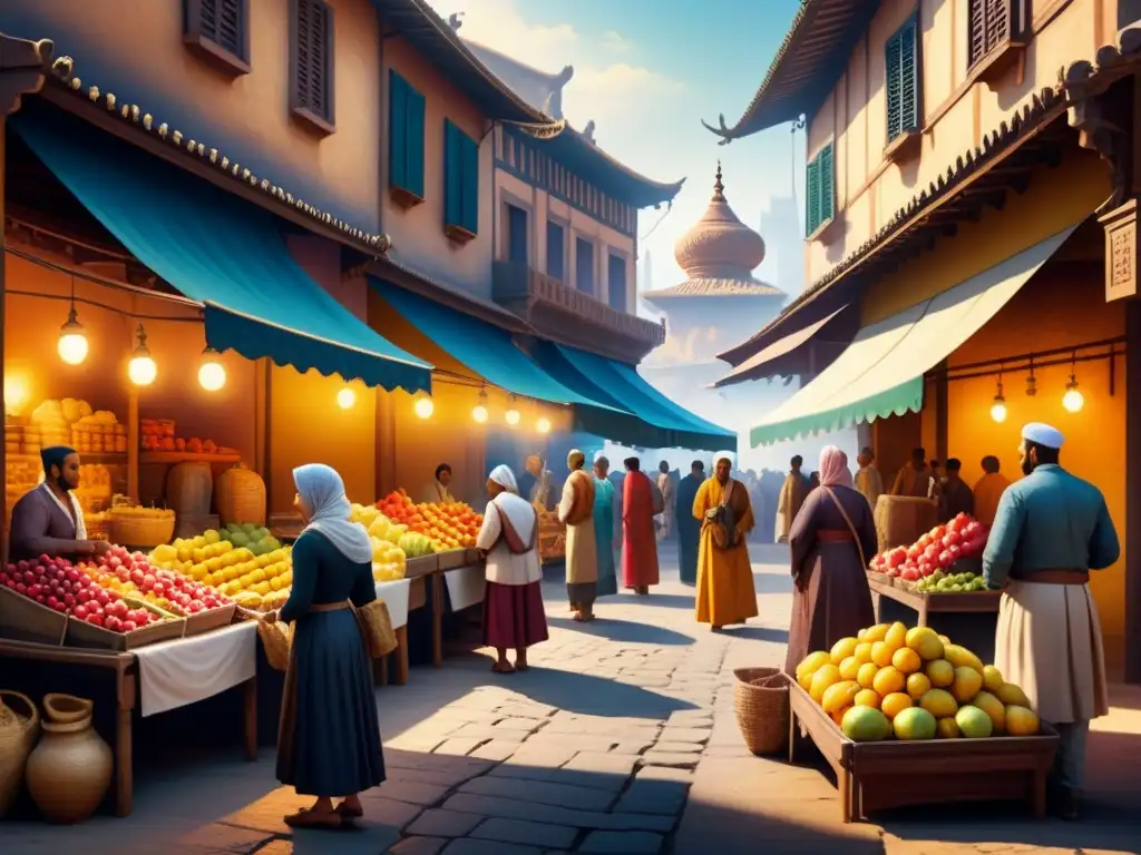 Mercado antiguo vibrante: acuarela detallada Pintura detallada de un bullicioso mercado antiguo con frutas, especias y textiles coloridos bajo toldos vibrantes
