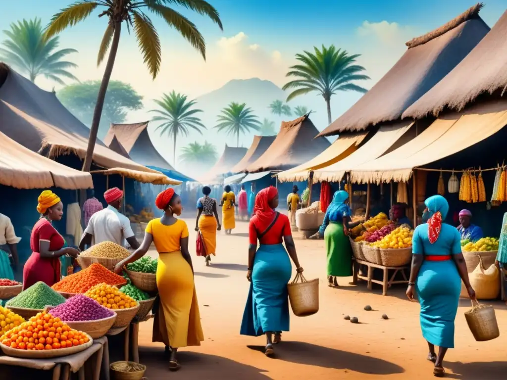 Pintura detallada de un bullicioso mercado en un pueblo africano, reflejando la vida diaria con colores vibrantes