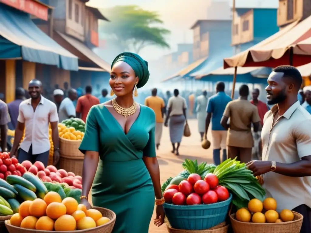 Pintura detallada de un bullicioso mercado africano, reflejando la vida diaria y el arte africano contemporáneo