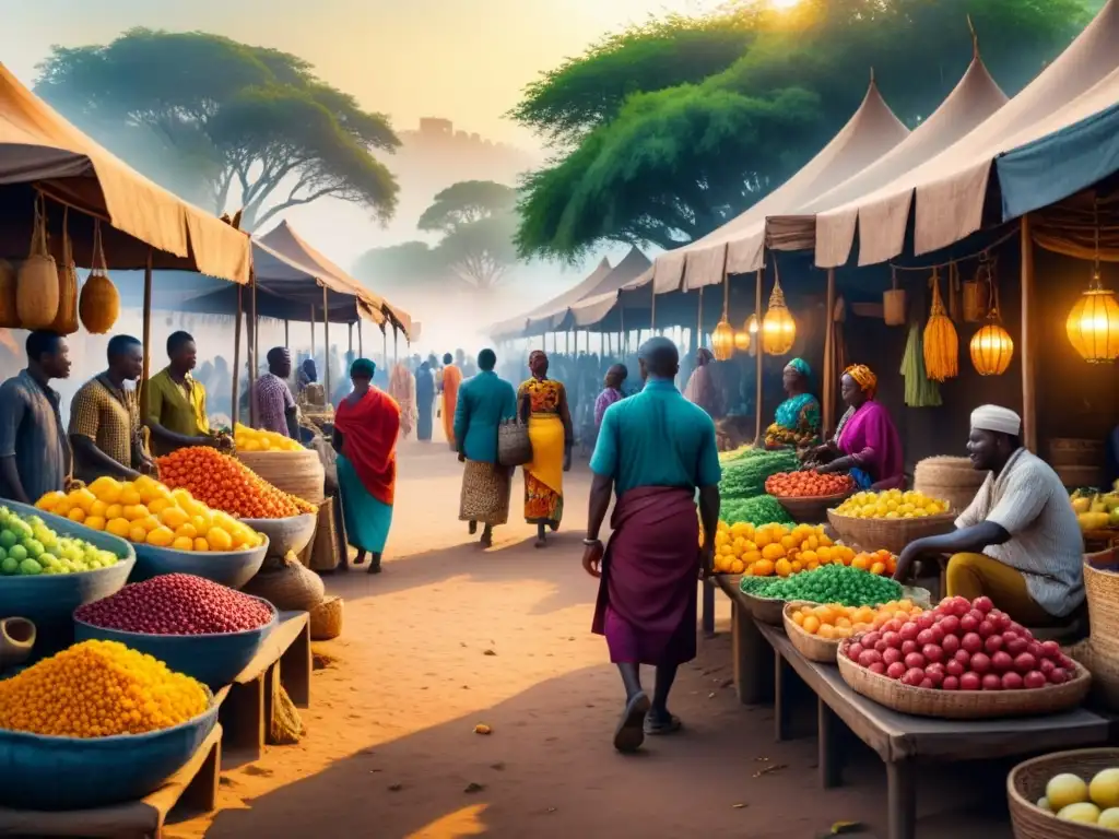 Pintura acuarela detallada de un bullicioso mercado africano al atardecer