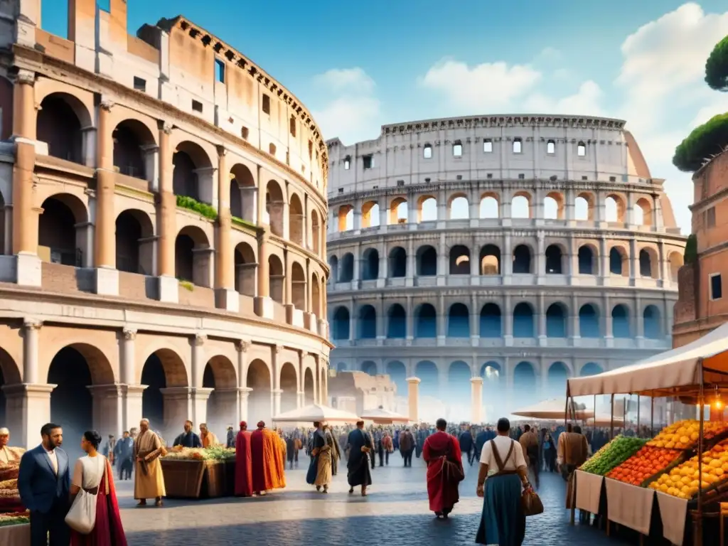 Pintura detallada de bullicioso mercado antiguo en Roma, con arquitectura intricada y gente en atuendos romanos, ante el Coliseo bajo cielo azul