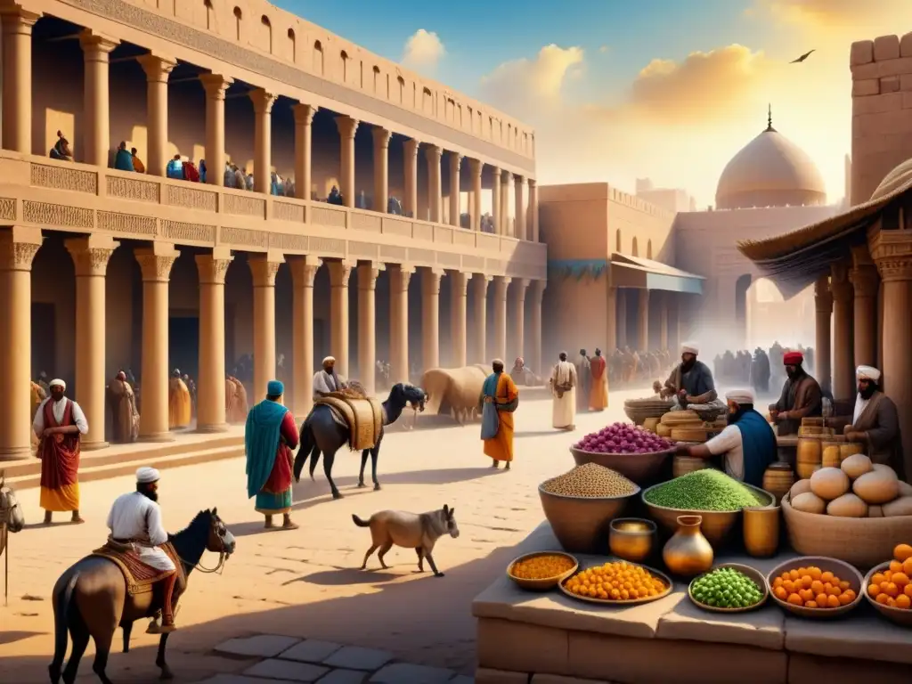 Pintura acuarela detallada de un bullicioso mercado en Mesopotamia antigua, con mercaderes regateando, animales exóticos y arquitectura ornamental