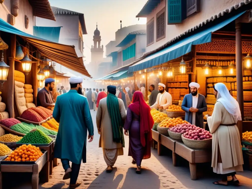 Pintura acuarela detallada de un bullicioso mercado del Medio Oriente, con colores vibrantes y actividades religiosas