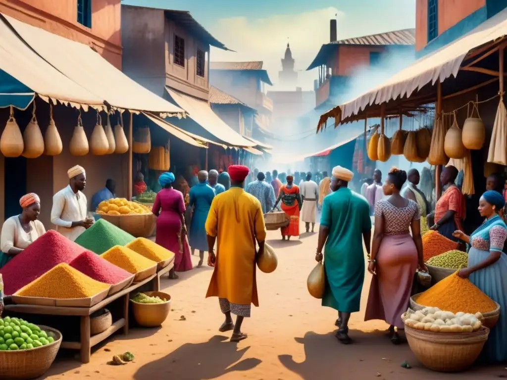 Pintura detallada de un bullicioso mercado africano, reflejando comunidad, cultura y creatividad en tendencias arte visual africano