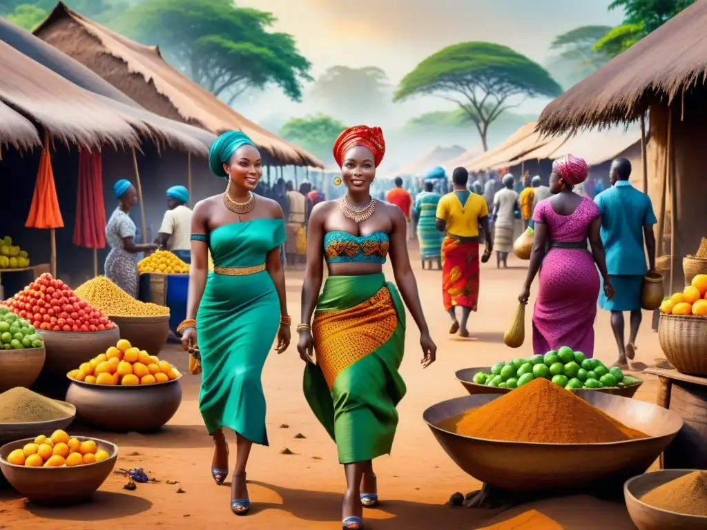 Pintura detallada de un bullicioso mercado africano con vibrantes colores y cultura, reflejando técnicas arte contemporáneo africano