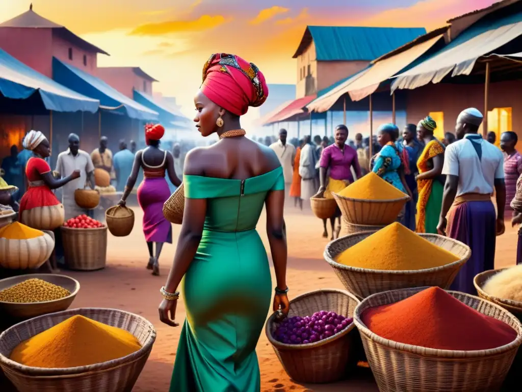 Pintura acuarela detallada de un bullicioso mercado africano, con colores vibrantes y la vida cotidiana en África