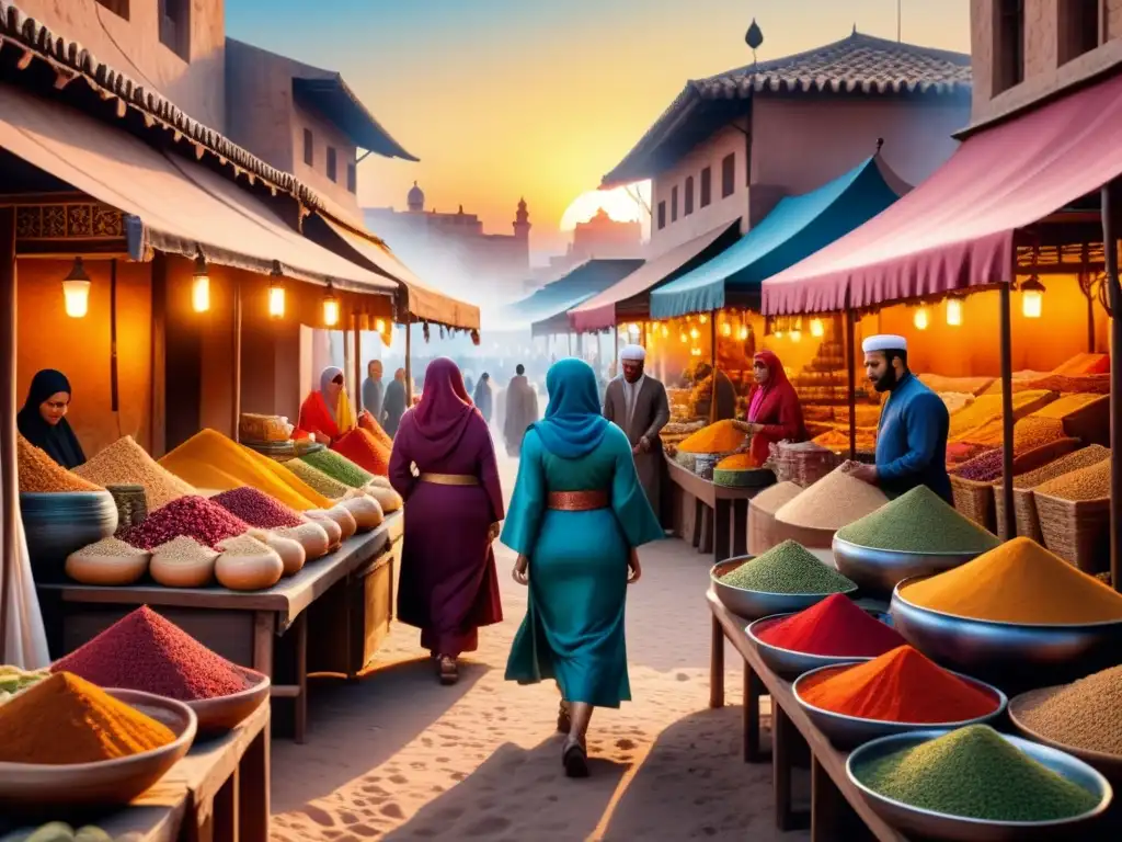 Pintura acuarela detallada de un bullicioso mercado del Medio Oriente con colores vibrantes y diversidad cultural