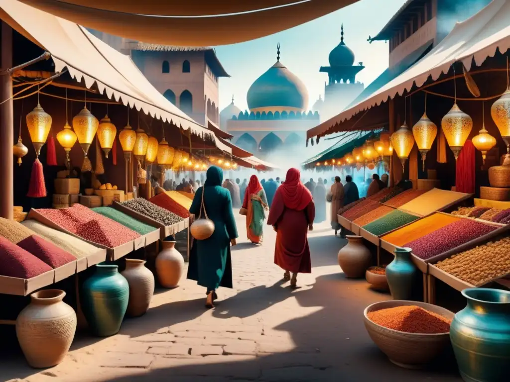 Pintura acuarela detallada 8k de un bullicioso mercado del Medio Oriente con arte contemporáneo Medio Oriente