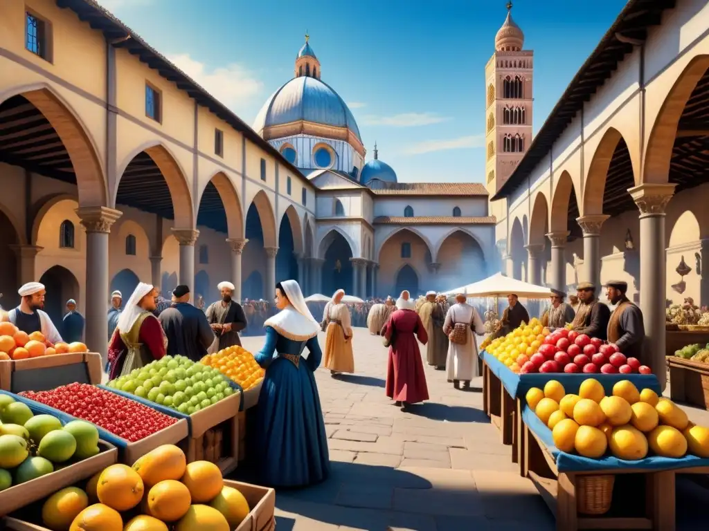 Pintura detallada de un bullicioso mercado renacentista resaltando la importancia del color en Renacimiento