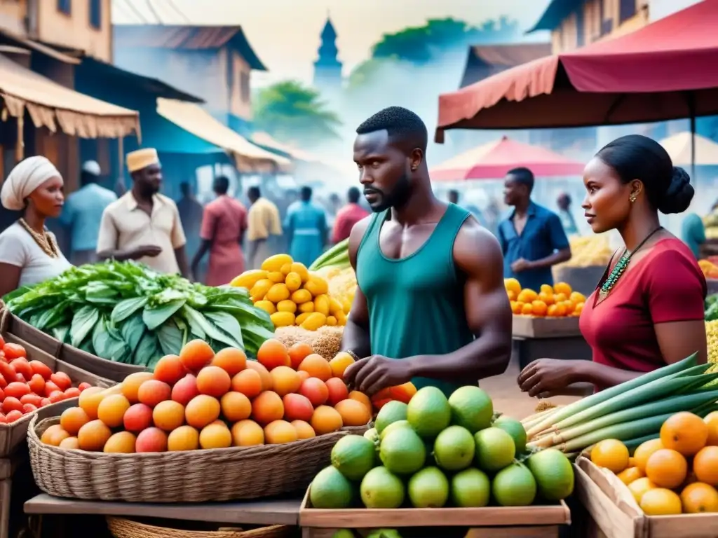 Pintura acuarela detallada de un bullicioso mercado africano contemporáneo