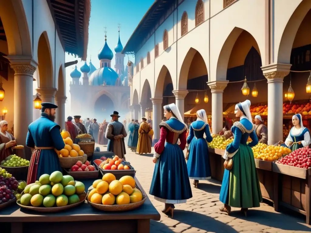 Pintura detallada de un bullicioso mercado renacentista con frutas coloridas, nobles y arquitectura majestuosa