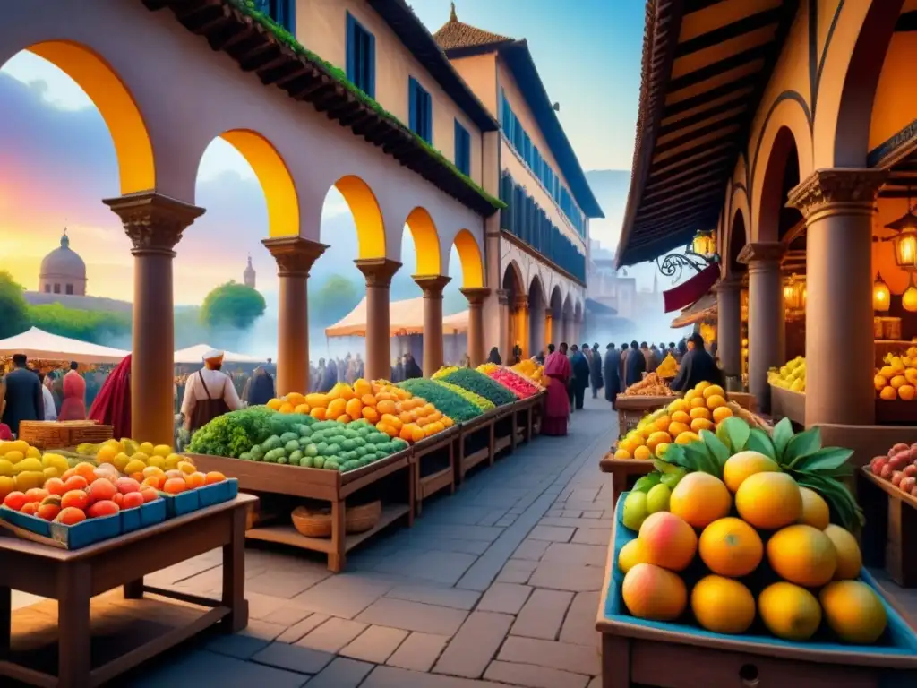 Pintura detallada de un bullicioso mercado renacentista con frutas vibrantes, textiles coloridos y cerámica bajo el cálido sol poniente, destacando arquitectura y naturaleza en la intersección cultural del Renacimiento