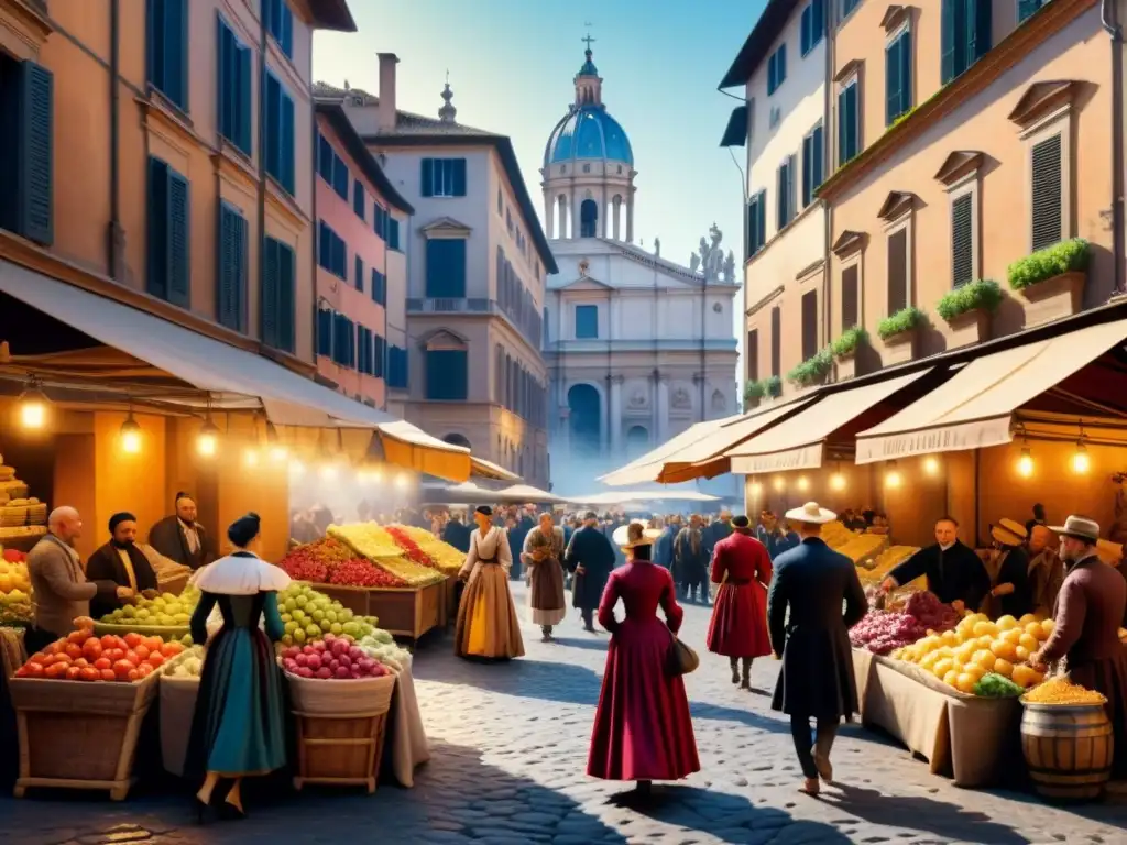 Pintura acuarela detallada de un bullicioso mercado en Roma, con colores vibrantes y arquitectura barroca