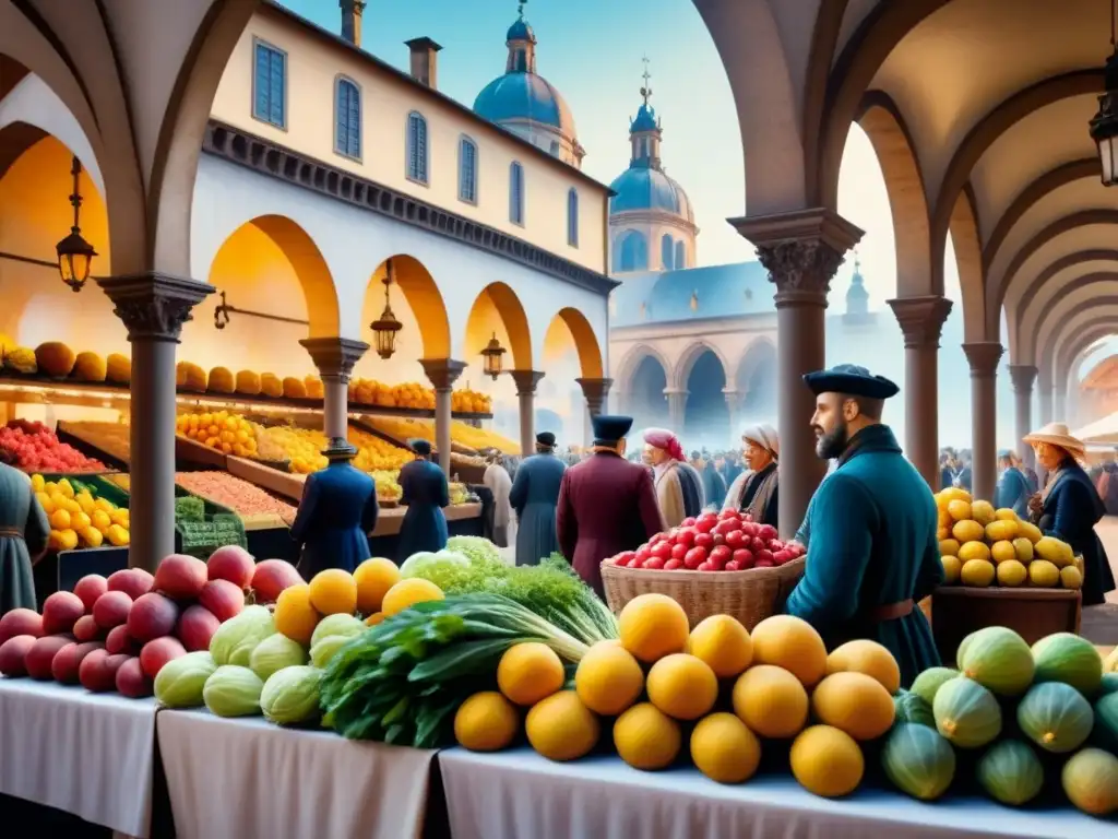 Pintura detallada de un bullicioso mercado europeo en el Renacimiento con frutas, artistas, nobles y arquitectura