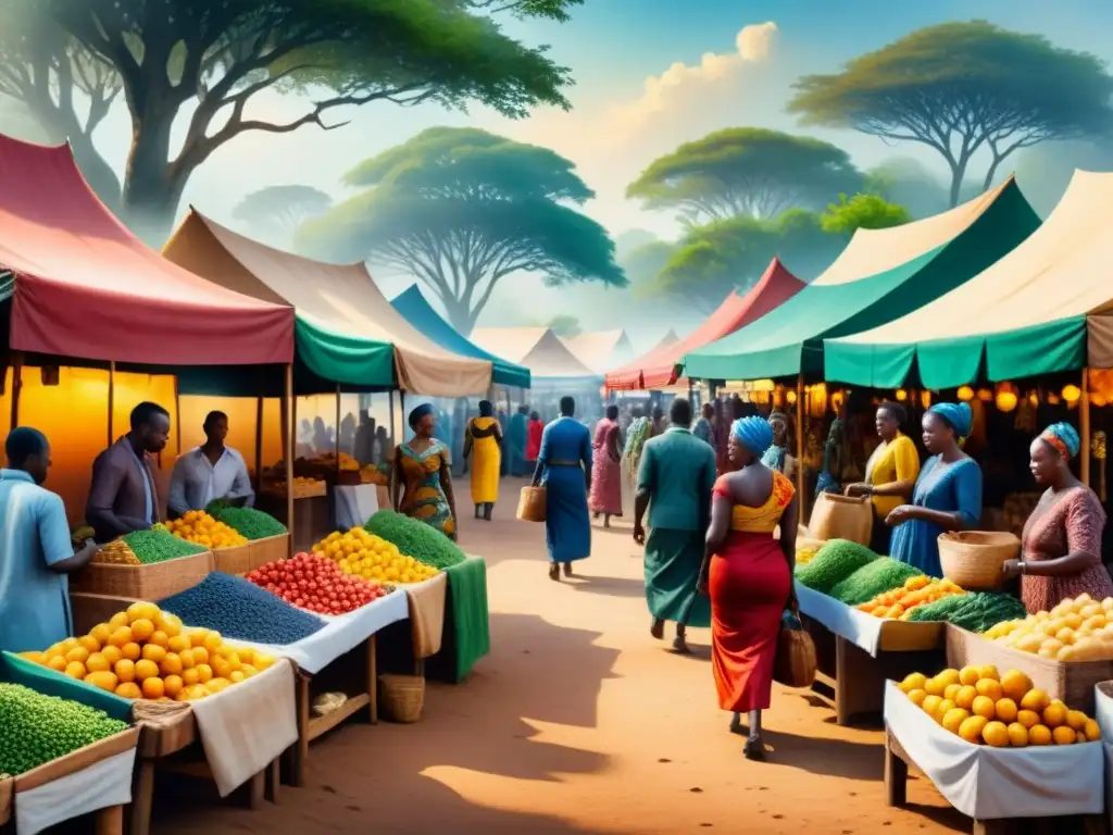 Pintura detallada de un bullicioso mercado africano, influencia global del arte contemporáneo africano