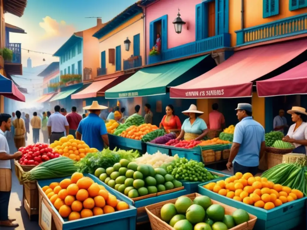 Una pintura detallada de un bullicioso mercado latinoamericano, lleno de colores y vida