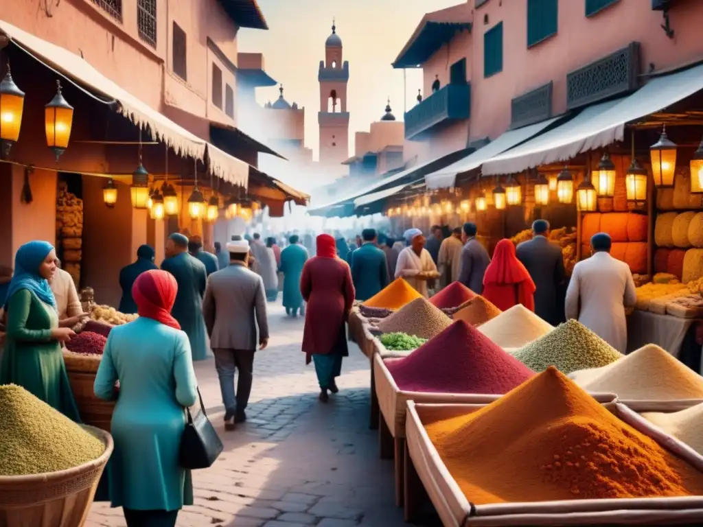 Pintura detallada de un bullicioso mercado en Marrakech