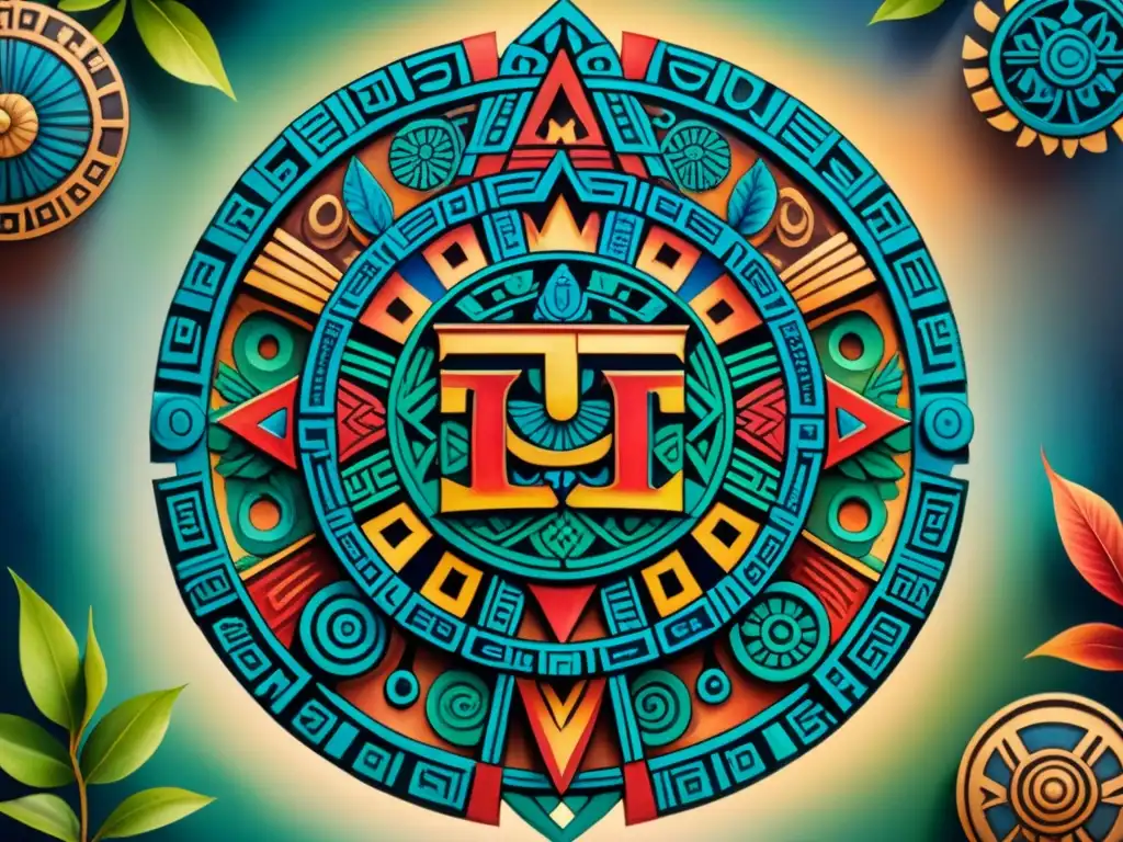 Pintura detallada del calendario azteca con colores vibrantes y significado cultural del arte del tatuaje