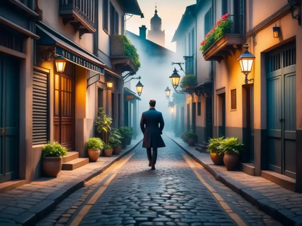 Pintura detallada de un callejón en penumbra de una bulliciosa ciudad, con sombras creando misterio y profundidad
