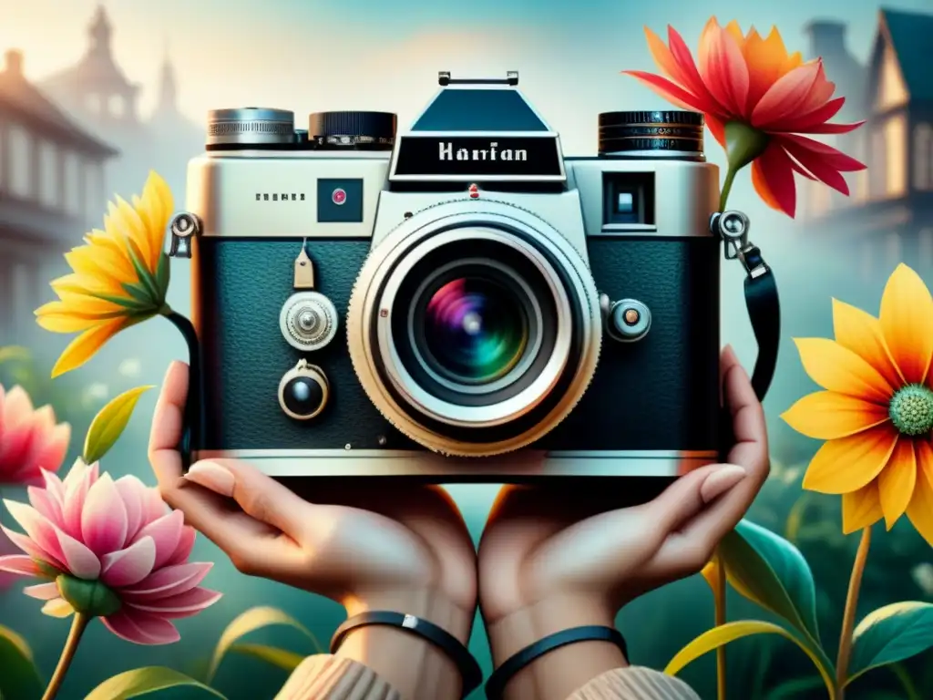 Una pintura detallada de una cámara vintage rodeada de flores vibrantes, evocando la fotografía analógica en arte visual