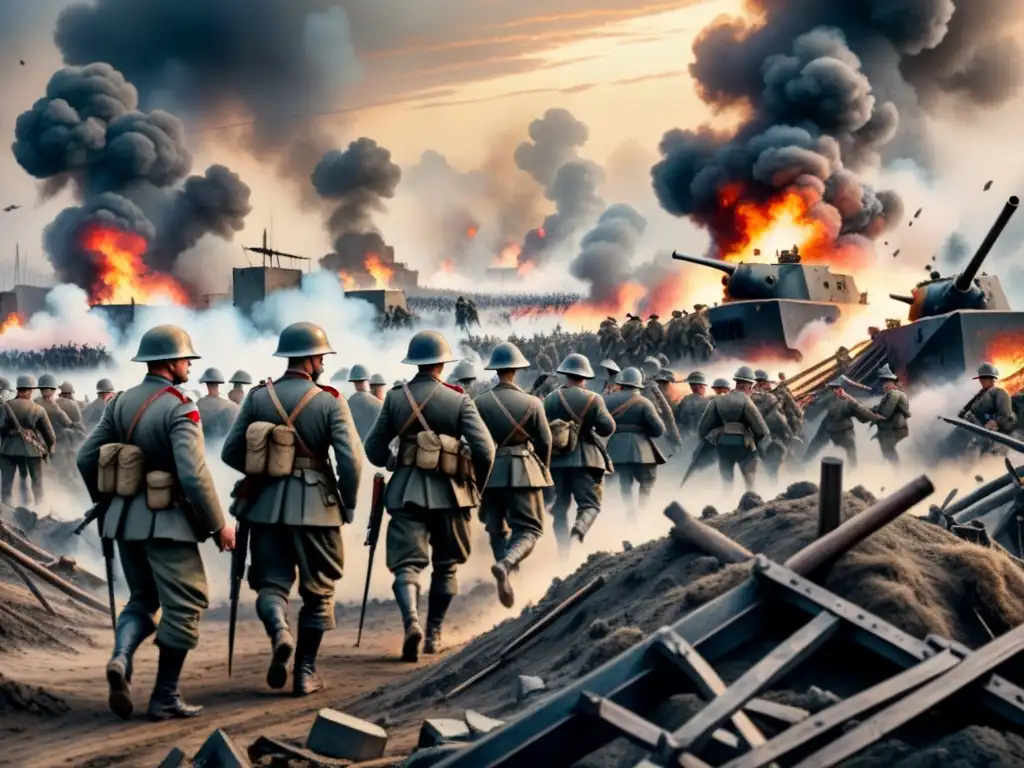 Pintura detallada muestra el caos de la Primera Guerra Mundial con soldados en combate y explosiones
