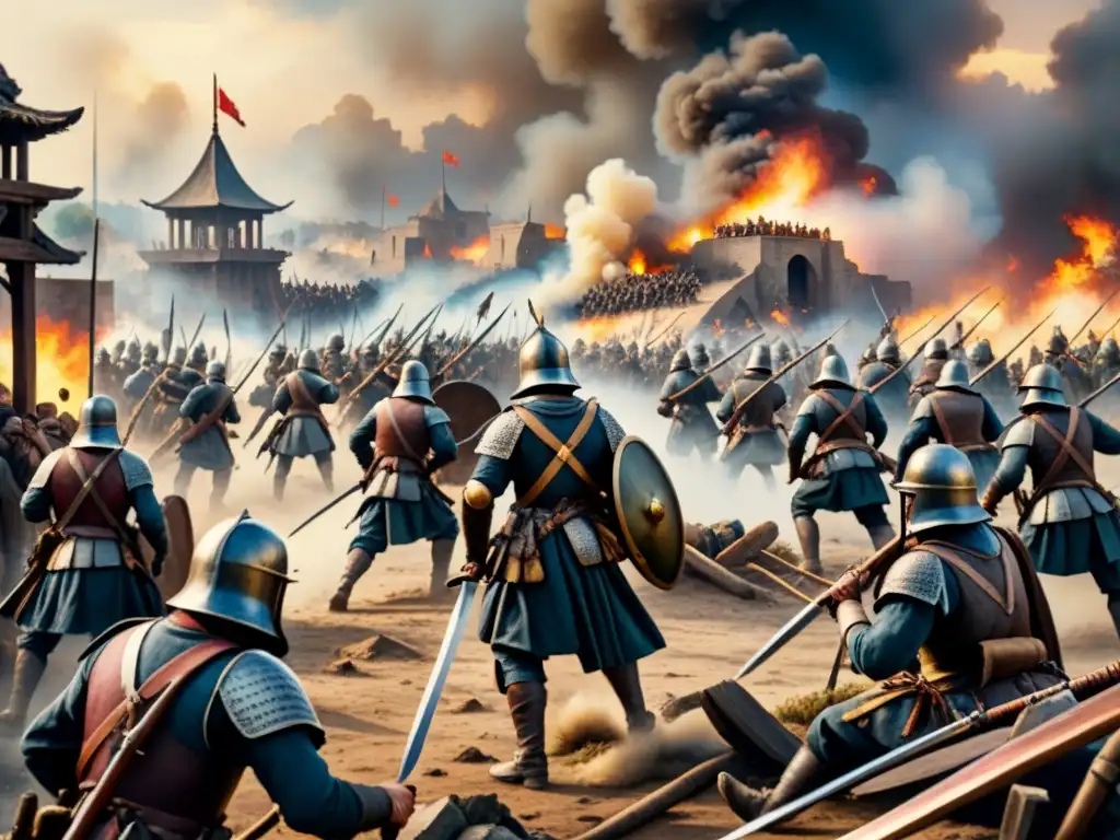 Pintura acuarela detallada de caótica batalla histórica, resaltando la evolución técnicas representación conflicto