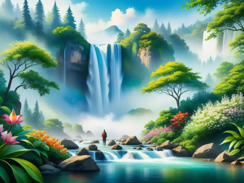 Pintura acuarela detallada de cascada rodeada de naturaleza exuberante bajo cielo azul