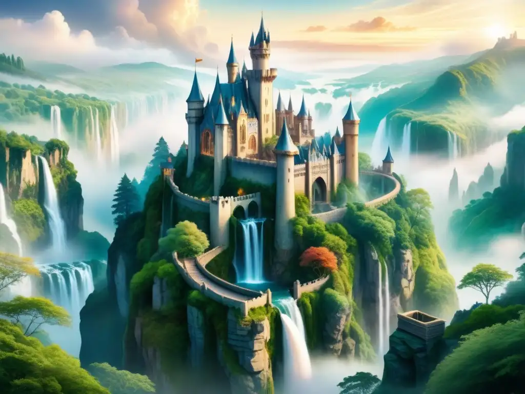 Pintura detallada de un castillo fantástico en un acantilado con cascadas y vegetación exuberante, técnicas matte painting escenarios fantásticos