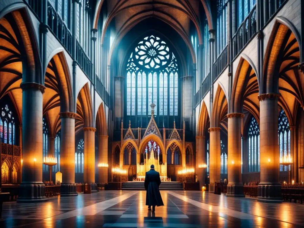 Pintura acuarela detallada de una catedral gótica iluminada por velas, reflejando influencias estéticas del arte gótico literario