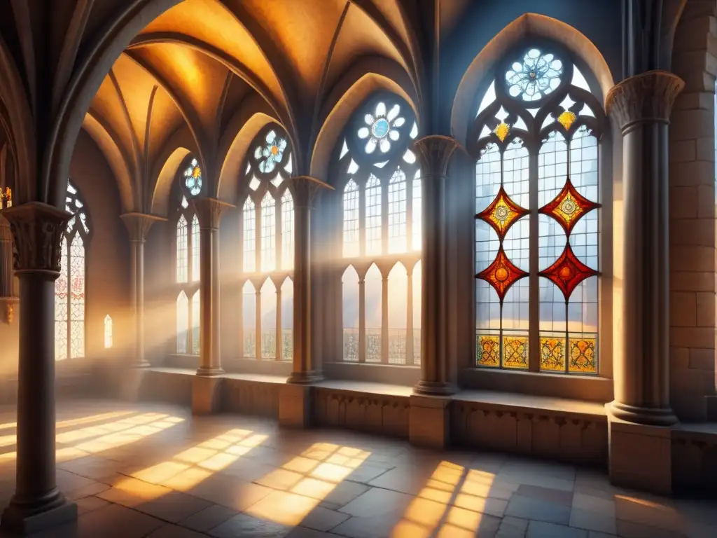 Una pintura acuarela detallada de una catedral medieval bañada en luz dorada, con vitrales coloridos proyectando patrones en las paredes de piedra