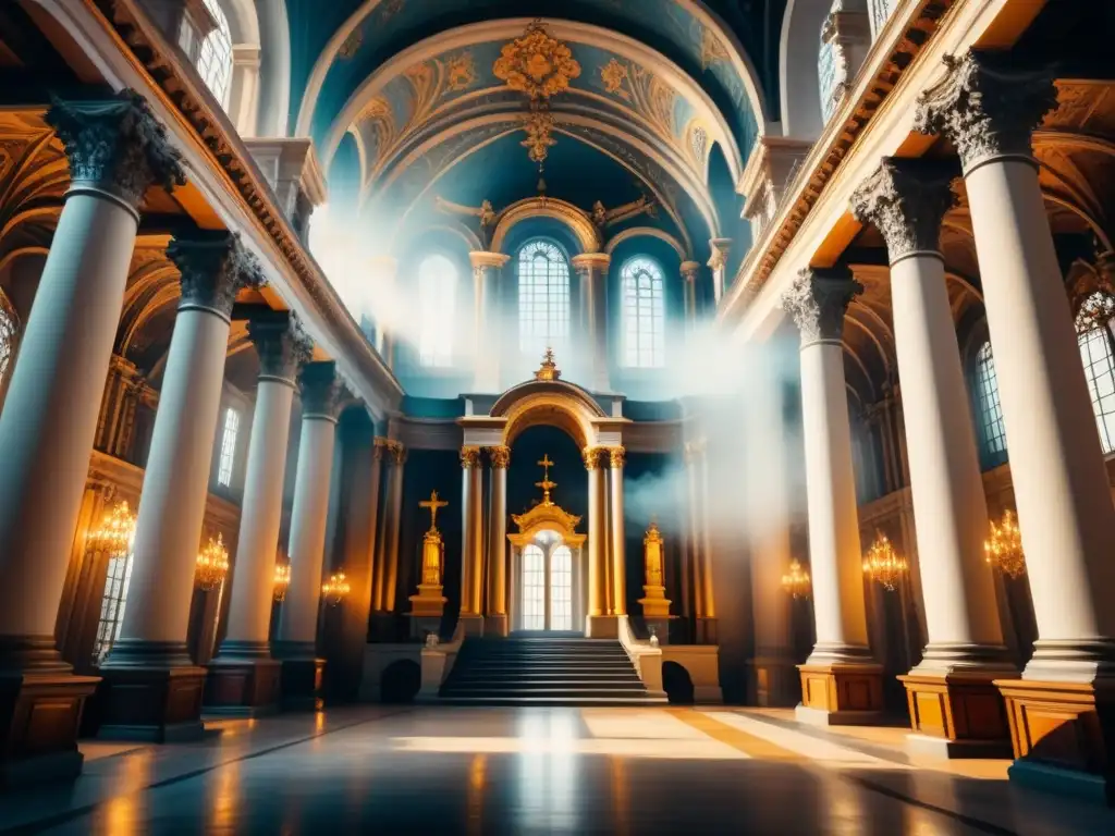 Pintura detallada de una catedral barroca con opulencia y grandiosidad