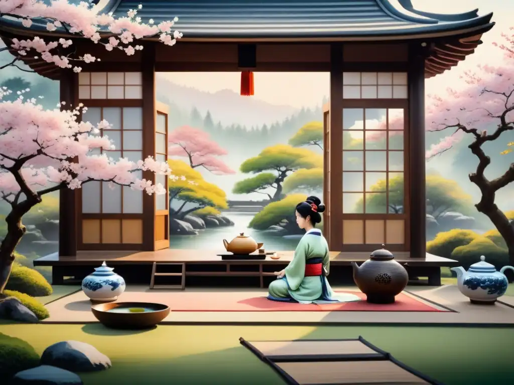 Pintura detallada de una ceremonia del té japonesa en un jardín sereno con árboles de cerezo en flor