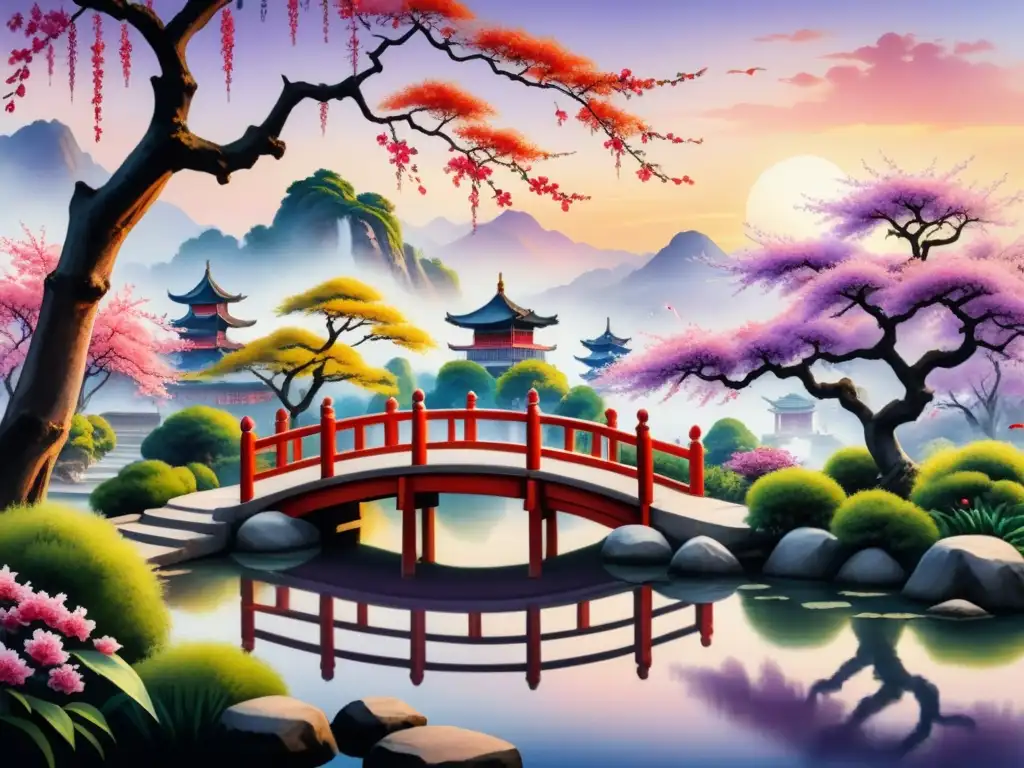 Pintura detallada de jardín chino con puente rojo, estanque de peces koi y paisaje montañoso bajo un atardecer rosado y morado