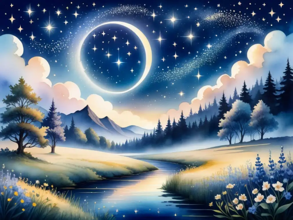 Pintura acuarela detallada de un cielo estrellado y místico sobre un paisaje sereno