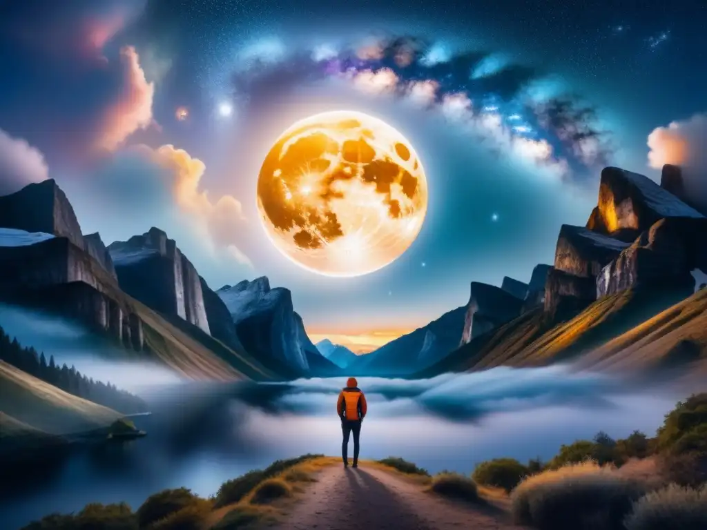 Pintura acuarela detallada de un cielo estrellado y galaxias, con la luna iluminando un paisaje tranquilo