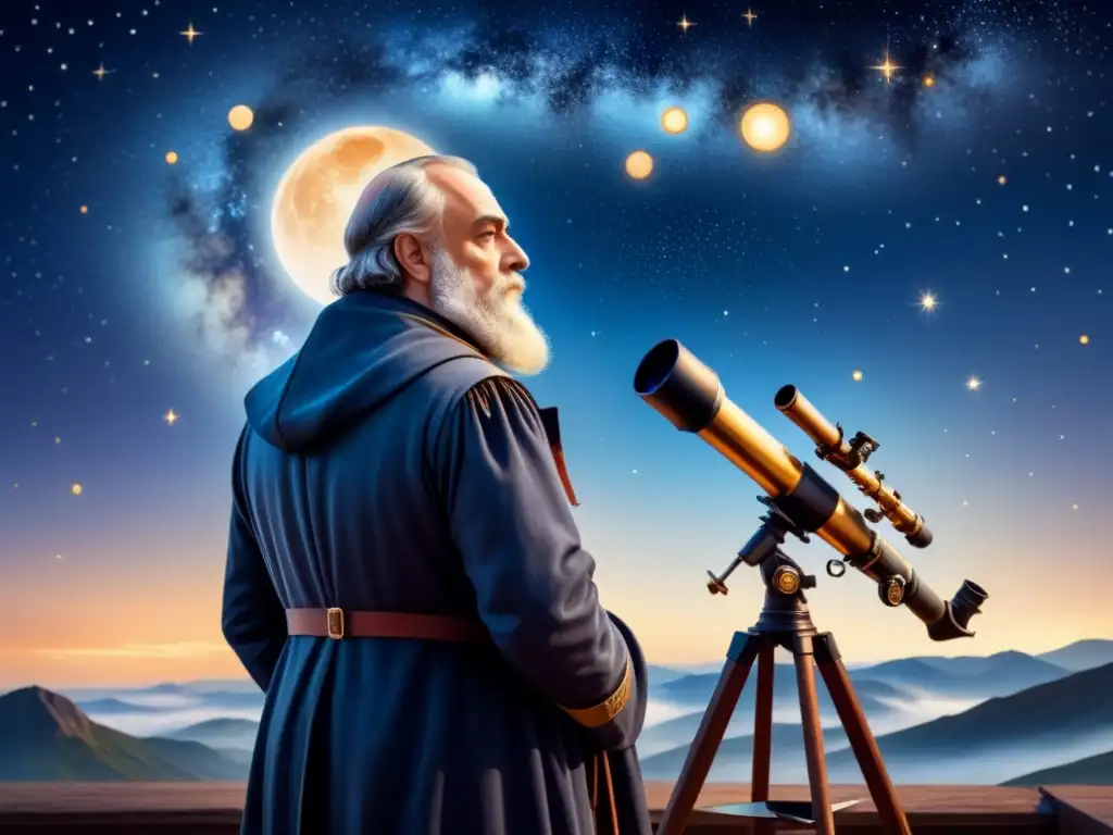 Pintura detallada de Galileo observando el cielo con telescopio, rodeado de constelaciones