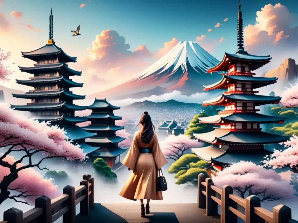 Una pintura acuarela detallada de una ciudad animada fusionando arquitectura japonesa y occidental, con un personaje manga en primer plano