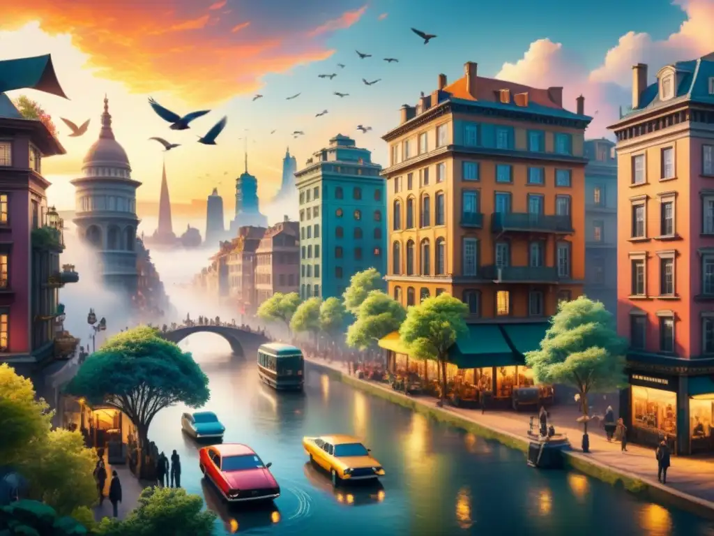 Pintura acuarela detallada de ciudad caótica postmodernista con elementos surrealistas y vibrantes colores, mostrando escenas urbanas transformadas en naturaleza, gente diversa y atardecer cálido