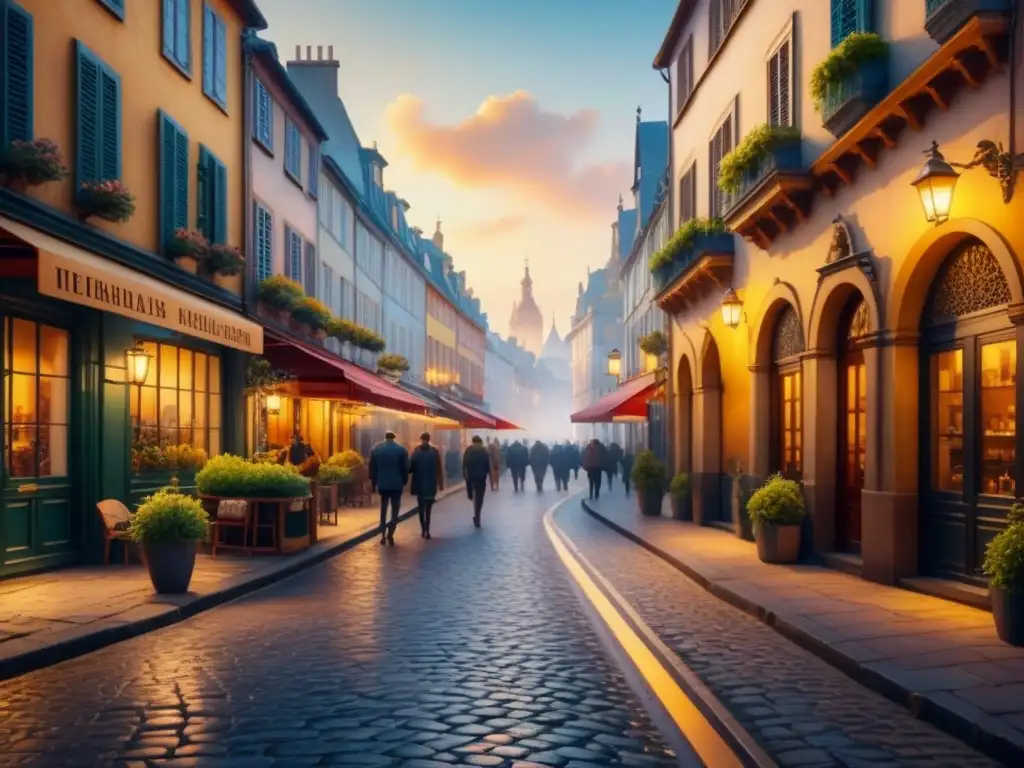 Pintura detallada de una ciudad europea al atardecer con paleta de colores artistas contemporáneos