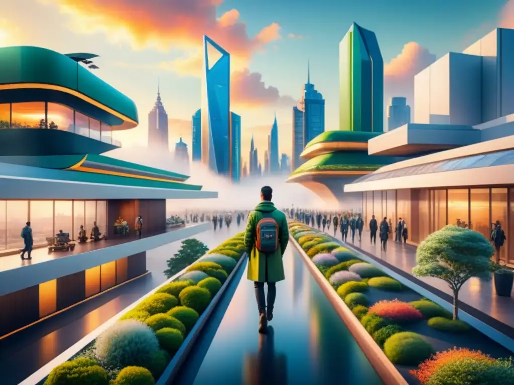 Pintura detallada de una ciudad futurista con arquitectura innovadora y naturaleza, arte y tecnología