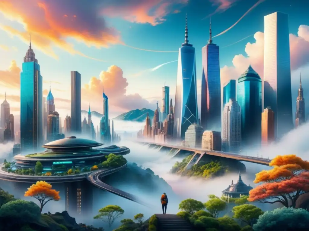 Pintura acuarela detallada de ciudad futurista fusionada con naturaleza, colores vibrantes y detalles intrincados, simbolizando arte visual siglo XXI