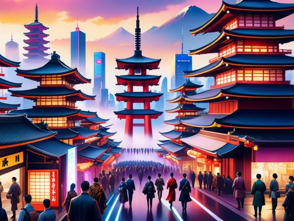 Acuarela 8K: Futurismo japonés cyberpunk Pintura detallada 8k de una ciudad futurista japonesa con elementos cyberpunk