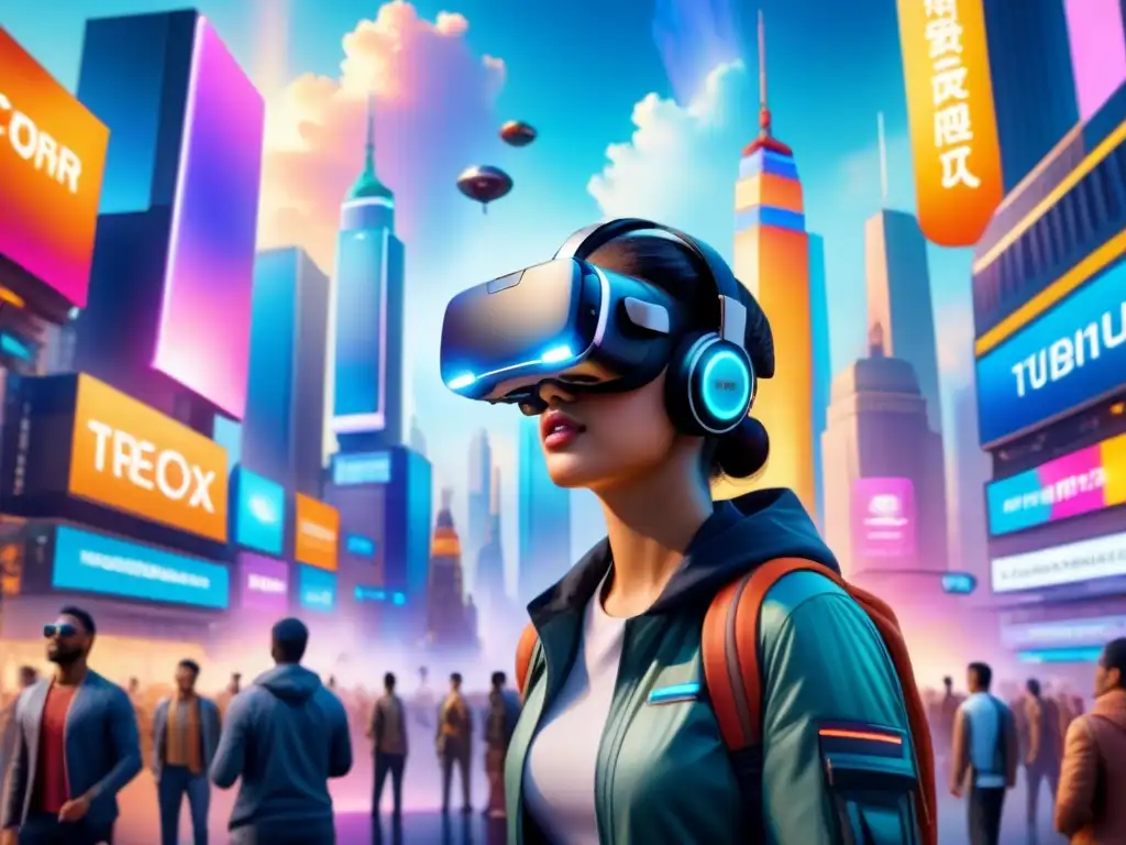 'Pintura acuarela detallada de ciudad futurista con realidad virtual y luces etéreas