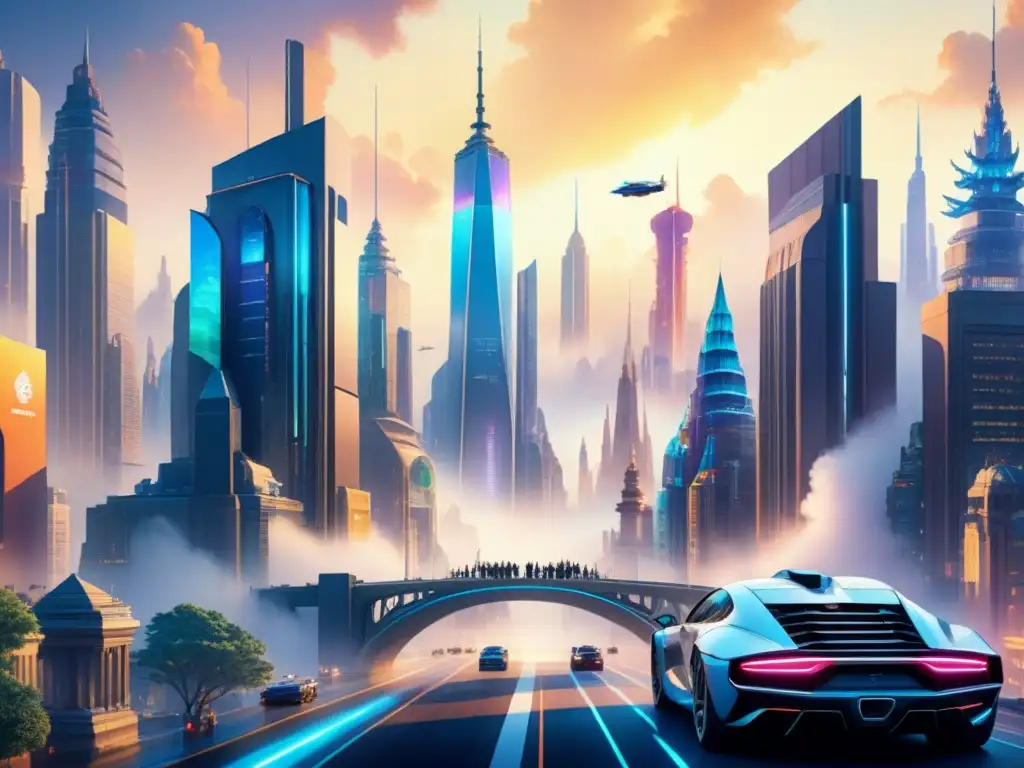 Pintura detallada de una ciudad futurista donde la tecnología en la animación visual se fusiona armoniosamente con la arquitectura