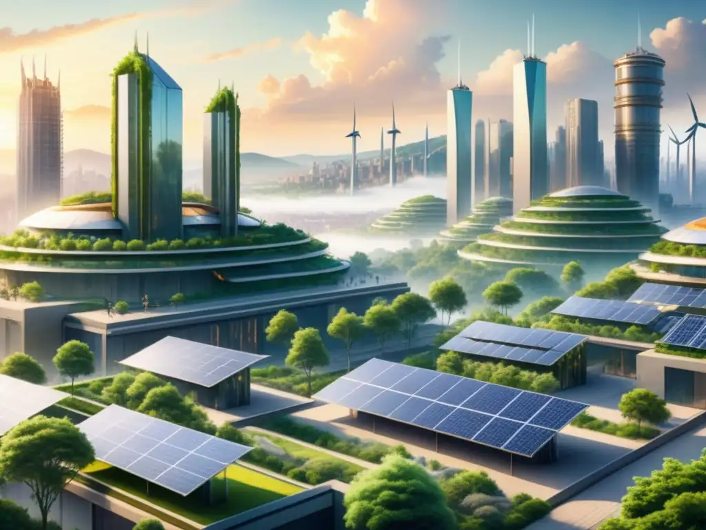 Una pintura acuarela detallada de una ciudad futurista donde conviven naturaleza y tecnología, en armonía con arte sostenible y tecnologías verdes