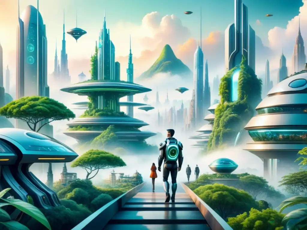 Pintura detallada: ciudad futurista fusionada con naturaleza, seres robóticos y humanos en actividades creativas
